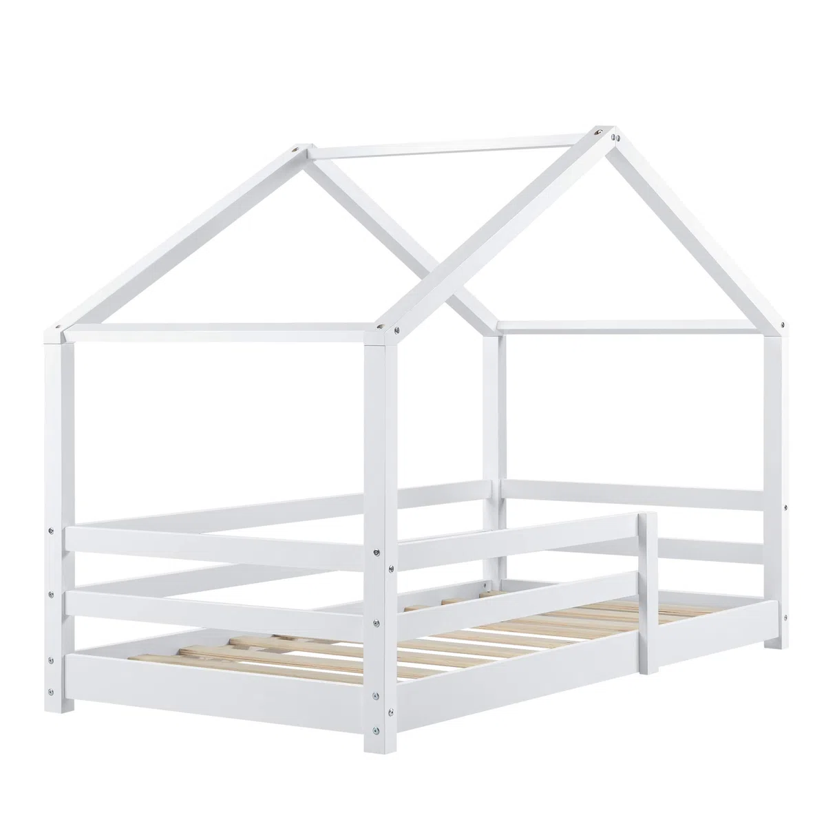 [en.casa] Cama para Niños Knätten Decorativa Cama Infantil con Somier y Reja de Seguridad Estructura en Forma de Casa Estilo Montessori Madera de Pino 70 x 140 cm - Blanco Lacado
