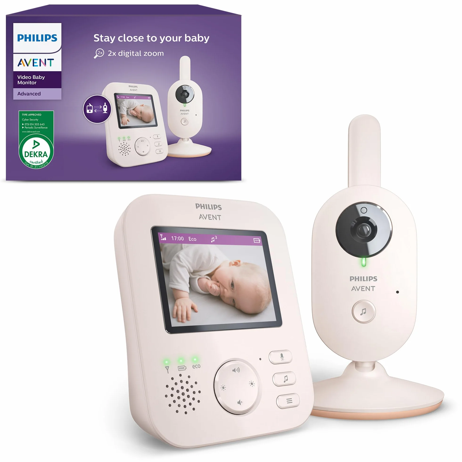 Philips Avent Vigilabebés con Vídeo: Certificado DEKRA, Privado y Seguro con Cámara y Audio, con Pantalla de 2,8", Zoom 2X, Visión Nocturna, Audio Bidireccional y Nanas, SCD881/26