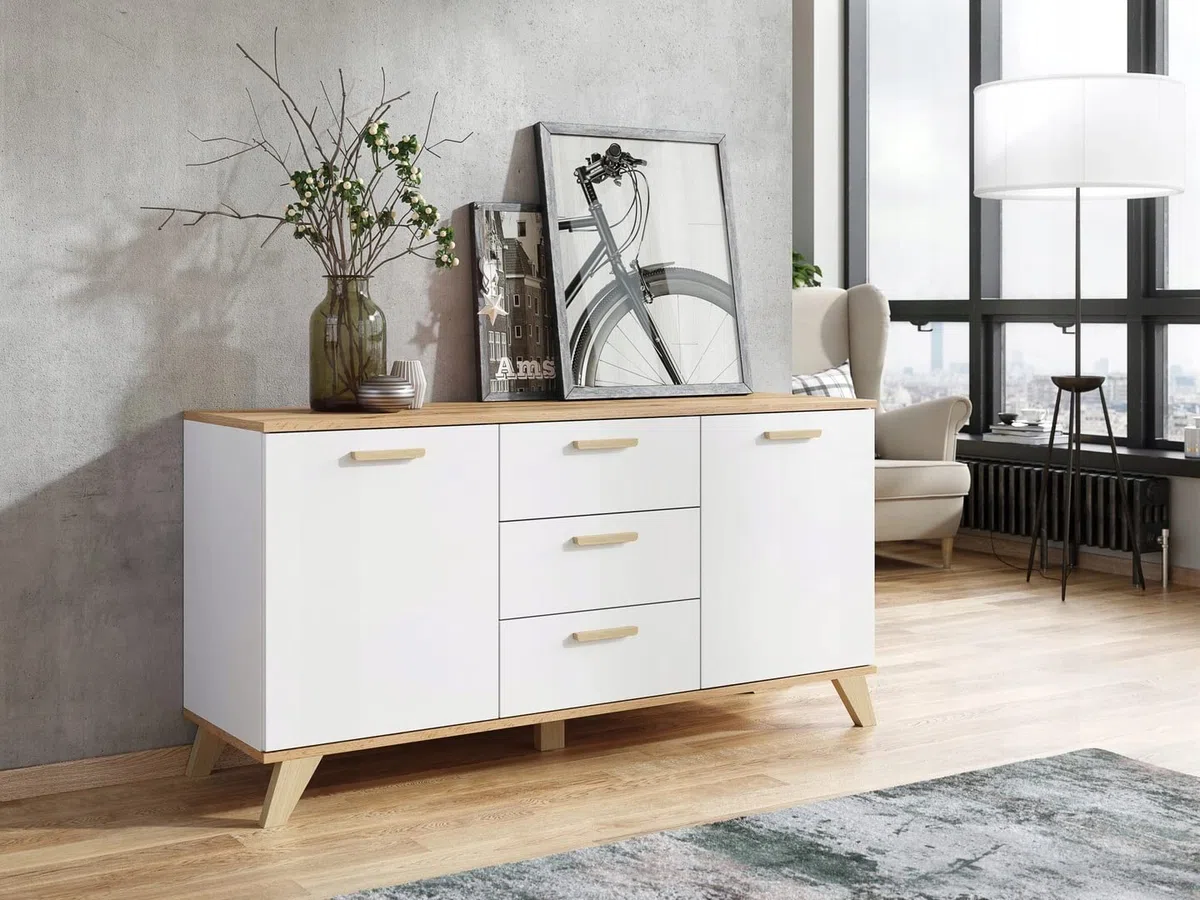 VBChome Cómoda con 3 cajones y 2 puertas, 120 x 40 x 75 cm, roble blanco, tiradores de cajón, de madera, para pasillo, dormitorio, salón, habitación infantil