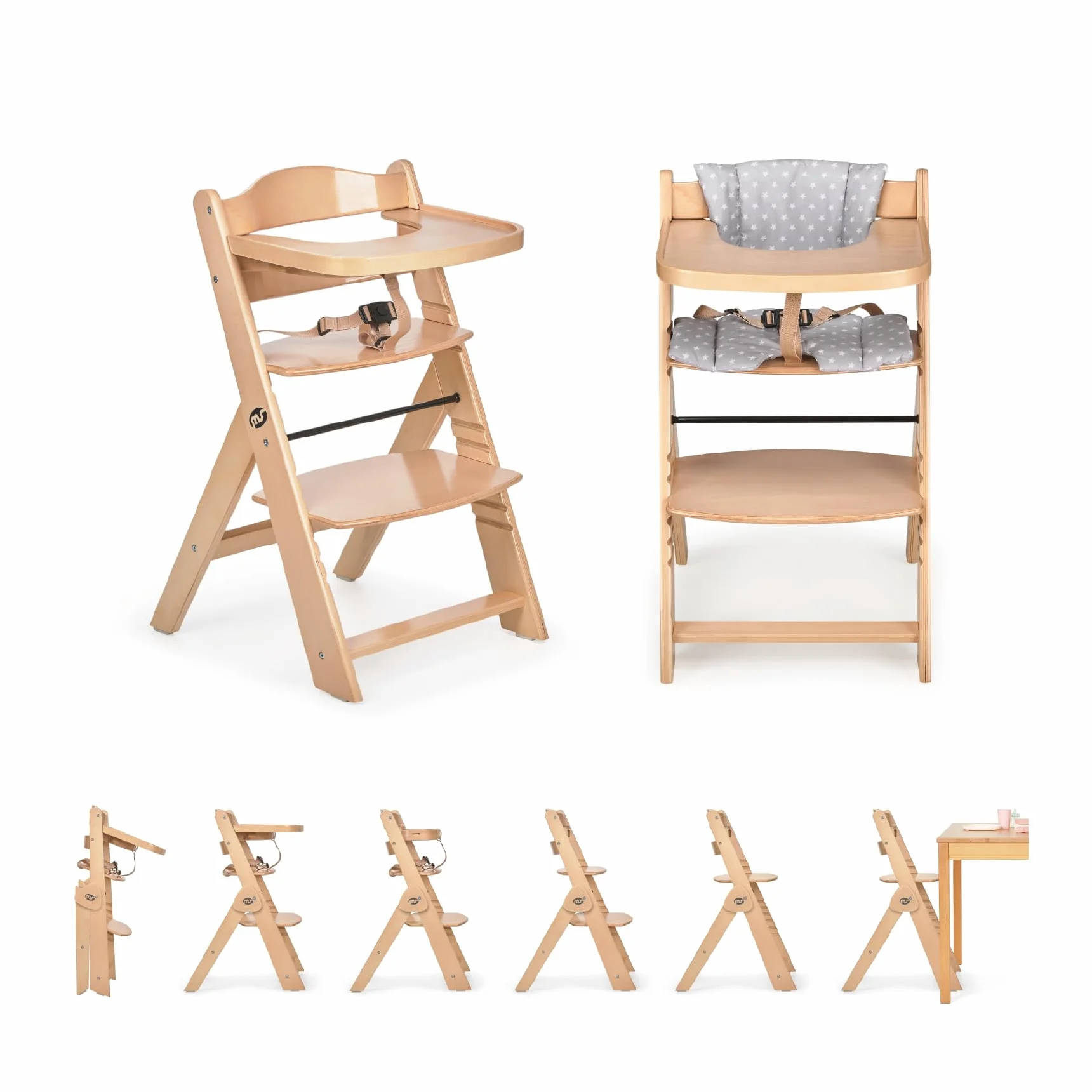 ms Trona para bebé de Madera Full PLEGABLE - Evolutiva- Silla Alta, Ergonómica, Regulable, Segura, Madera/Gris
