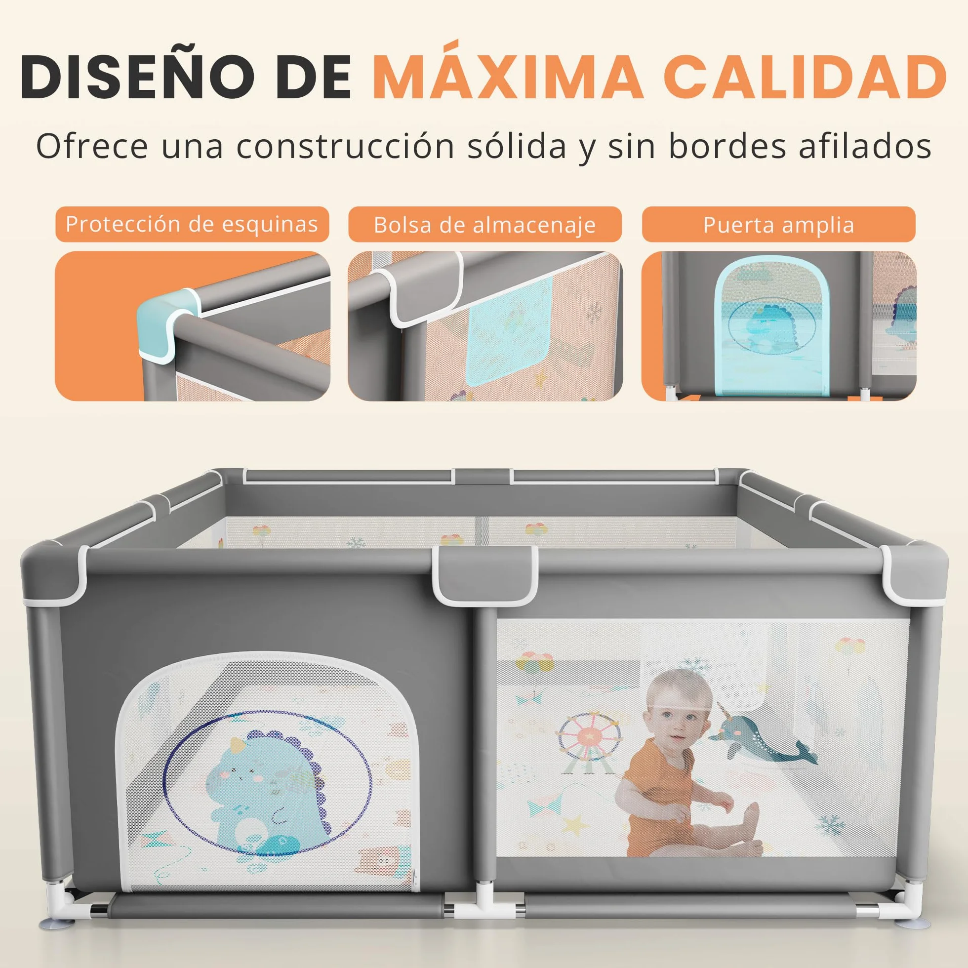 JUPPLIES Parque Infantil Bebe 150x180cm + Alfombra Bebe – Corralito Bebe con Malla Transpirable – Parque de Juegos Bebe Plegable con Puerta Lateral – Playpen Bebe - Gris