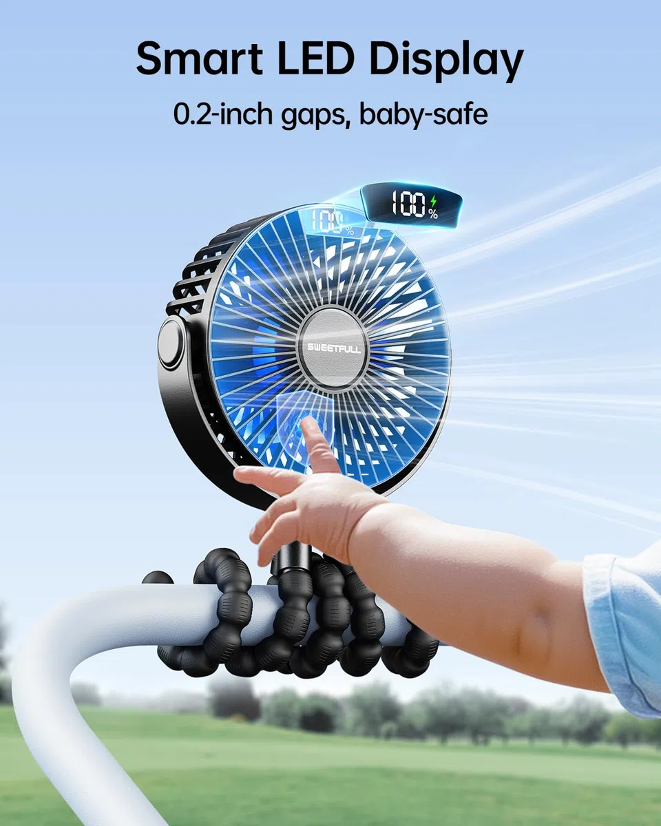 SWEETFULL Ventilador de cochecito de bebé, ventilador de cochecito de 6000 mAh, funciona con pilas, portátil, asiento de coche, bicicleta, viajes