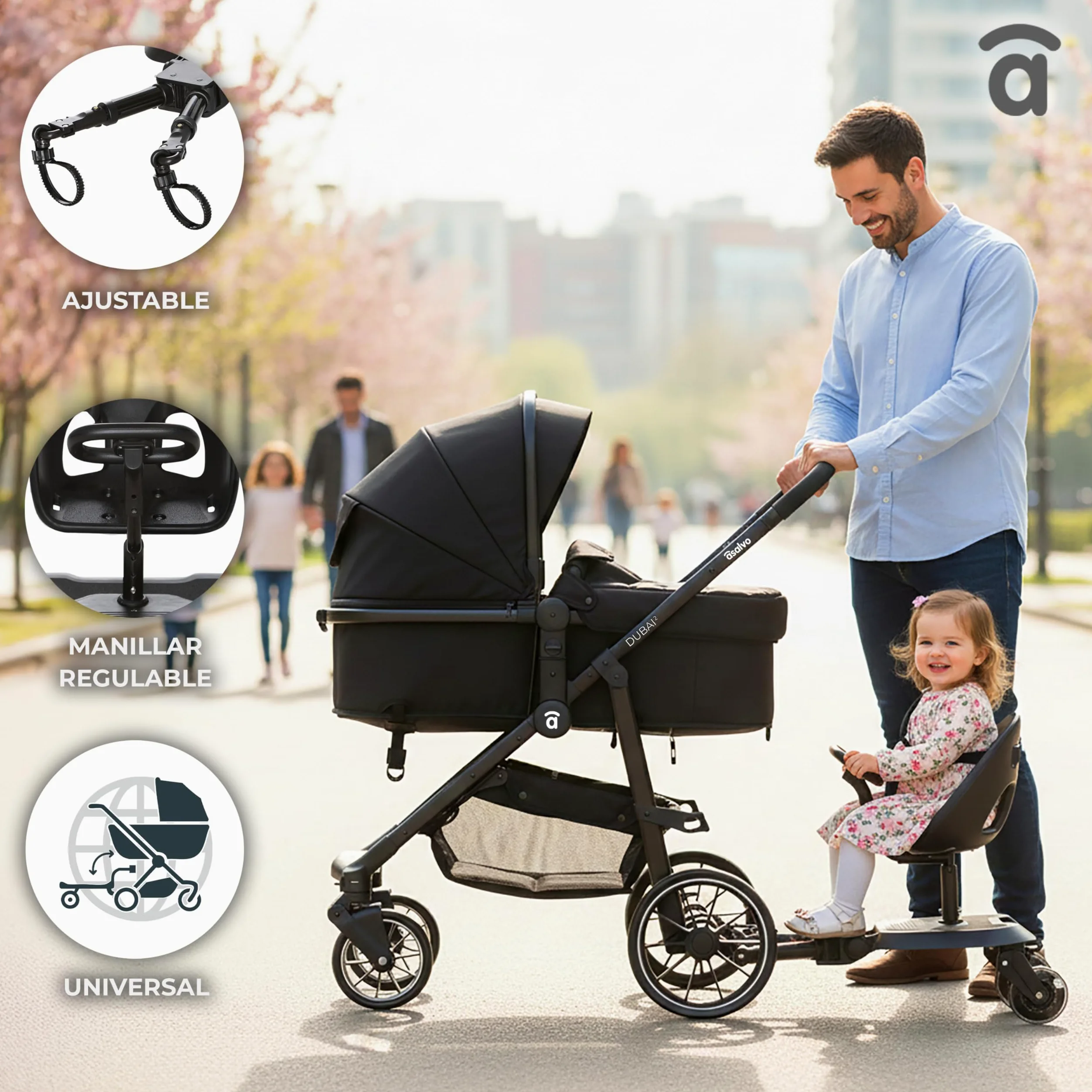 Asalvo GO SEAT 2 IN 1 Patinete 2 en 1 para silla de paseo Go Seat, Universal, Patin Carro Para Bebe Apto para el 99% de todos los cochecitos, Tabla para Cochecito, Niños de 2 a 5 Años 20 kg, Negro