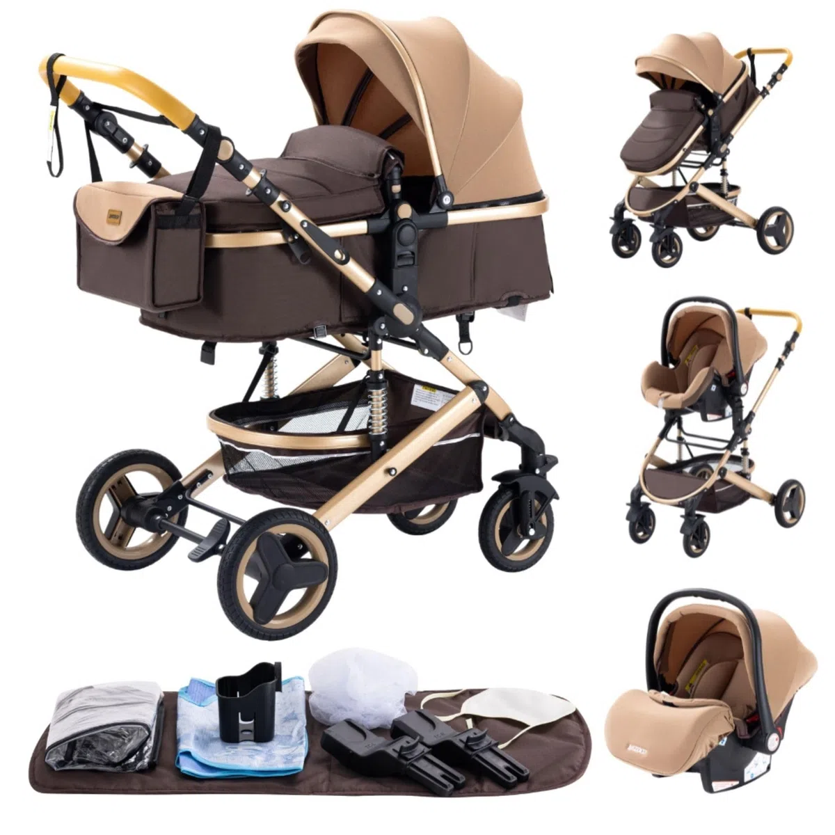 GLOKID Carrito bebé 3 en 1, Carro, Carrito bebé 3 Piezas, Silla Paseo, Sistema de viaje, Plegable, neumáticos de caucho, Con accesorios, Góndola, Adaptateurs, 25 kg (530 kaki)…