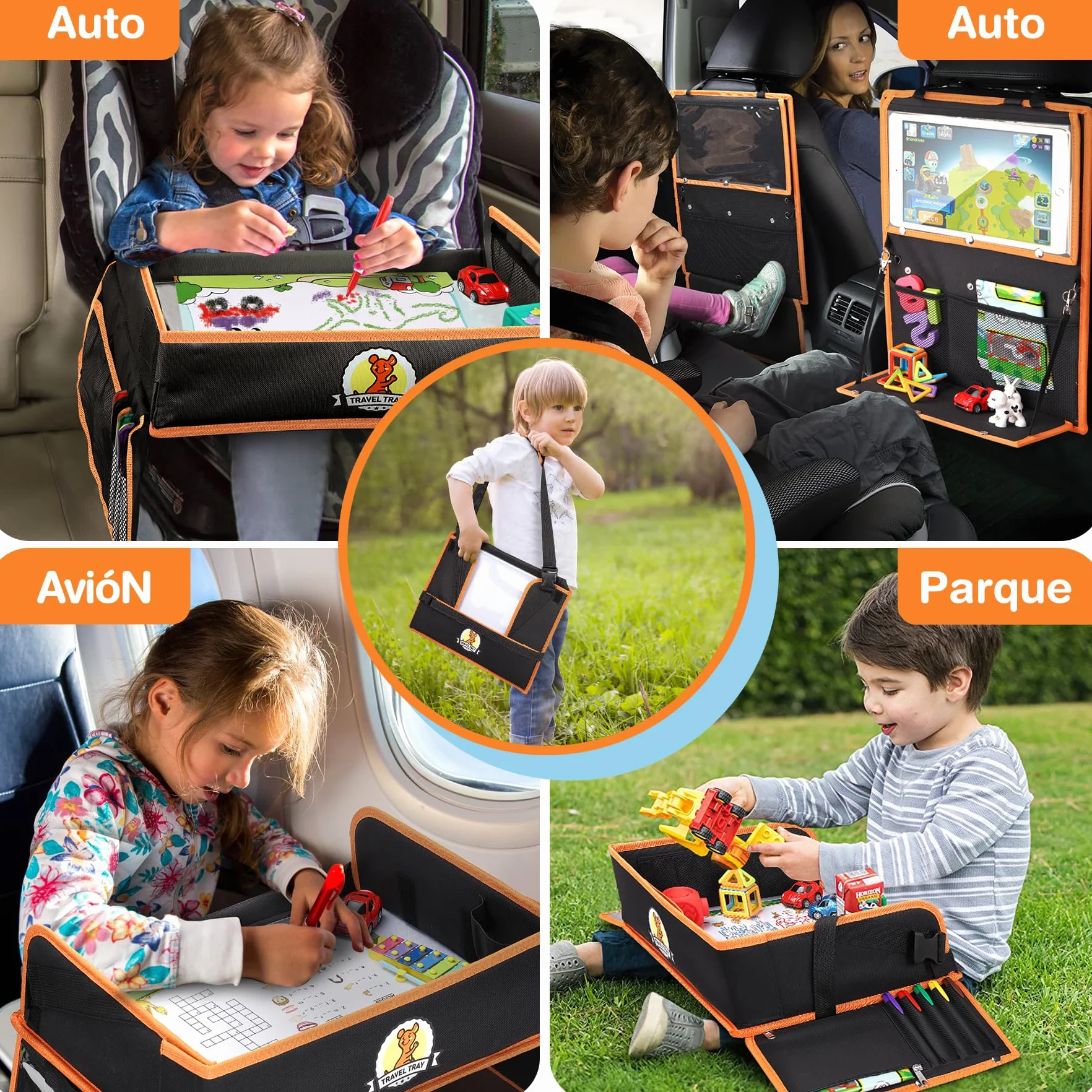 lenbest Mesa de viaje para niños de doble función, bandeja para las rodillas (protección del respaldo del coche) con película transparente, 5 placas de dibujo y 6 lápices de colores, negro/naranja