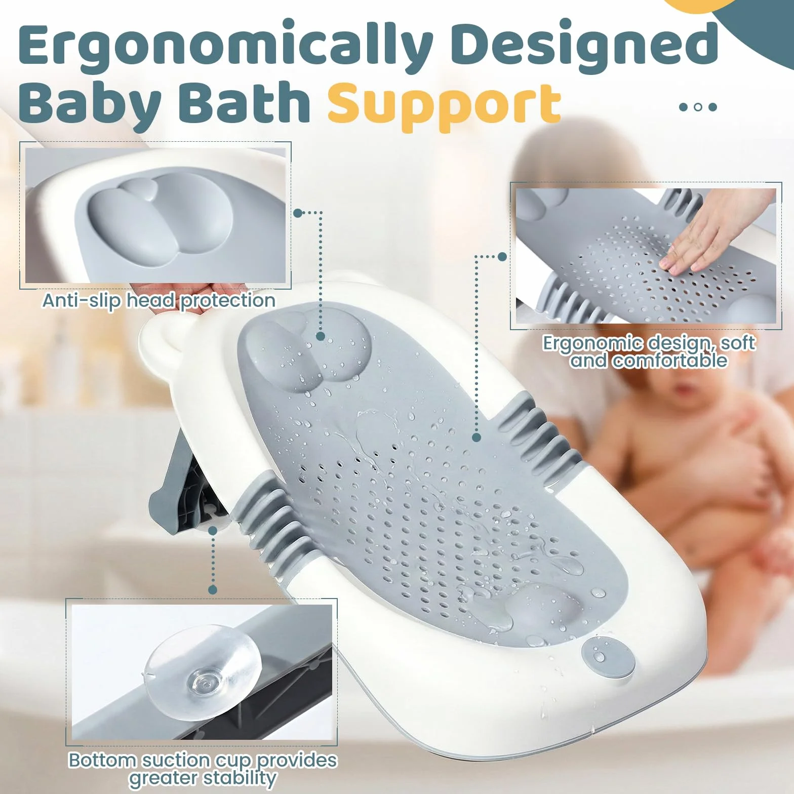 Orzbow Plegable Soporte Bañera Bebe, Estable Soporte Baño Bebe con Estructura Triangular, Base Antideslizante con Ventosas, Tacto Suave, Adecuado para Recién Nacidos, Portátil, Gris