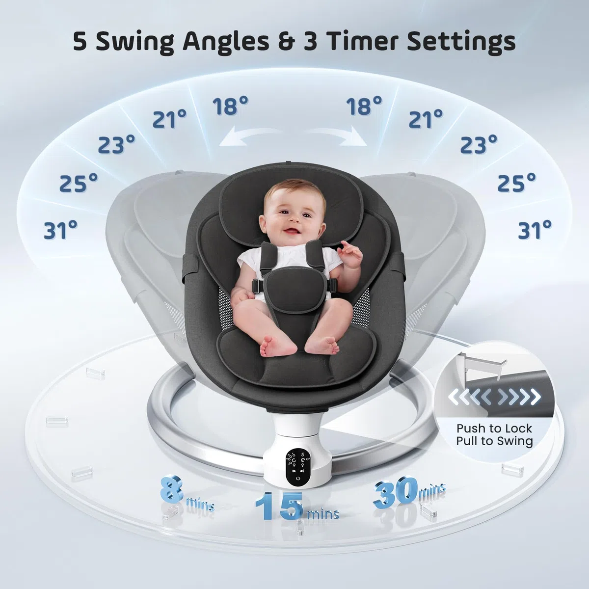 Bouncer eléctrico para bebés con 5 amplitudes de swing temporizador de 3 etapas, silla de gorila para bebés con control de aplicaciones móviles y control remoto(Negro)