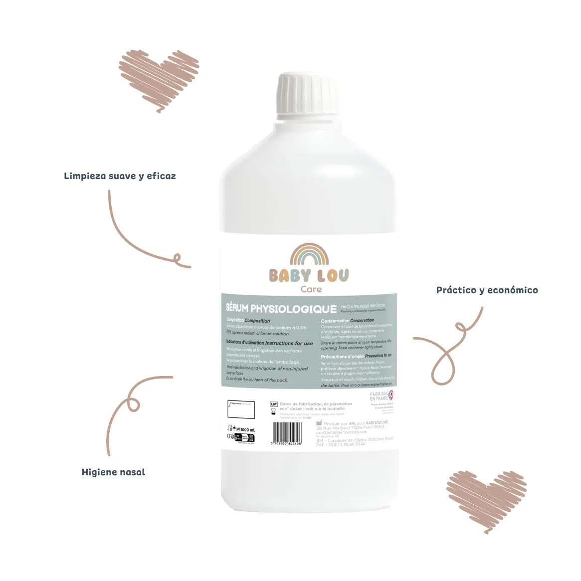 Suero Fisiológico Botella 4x1L | NaCl 0,9% | Fabricado en Francia | Lavado de fosas nasales | Higiene de la nariz | Para irración externa