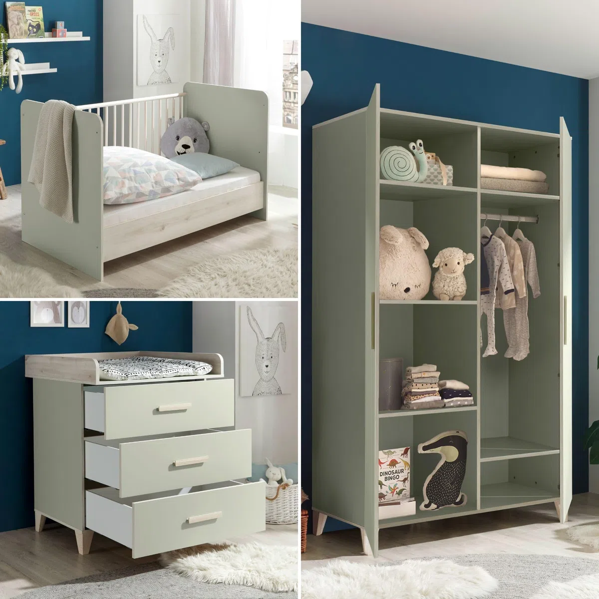 Stella Trading Prizzi Completo Color Verde Pastel/Aurum, Juego de Muebles para habitación de bebé de 3 Piezas Compuesto por Armario, Cuna y Cambiador, Madera, Komplett-Set