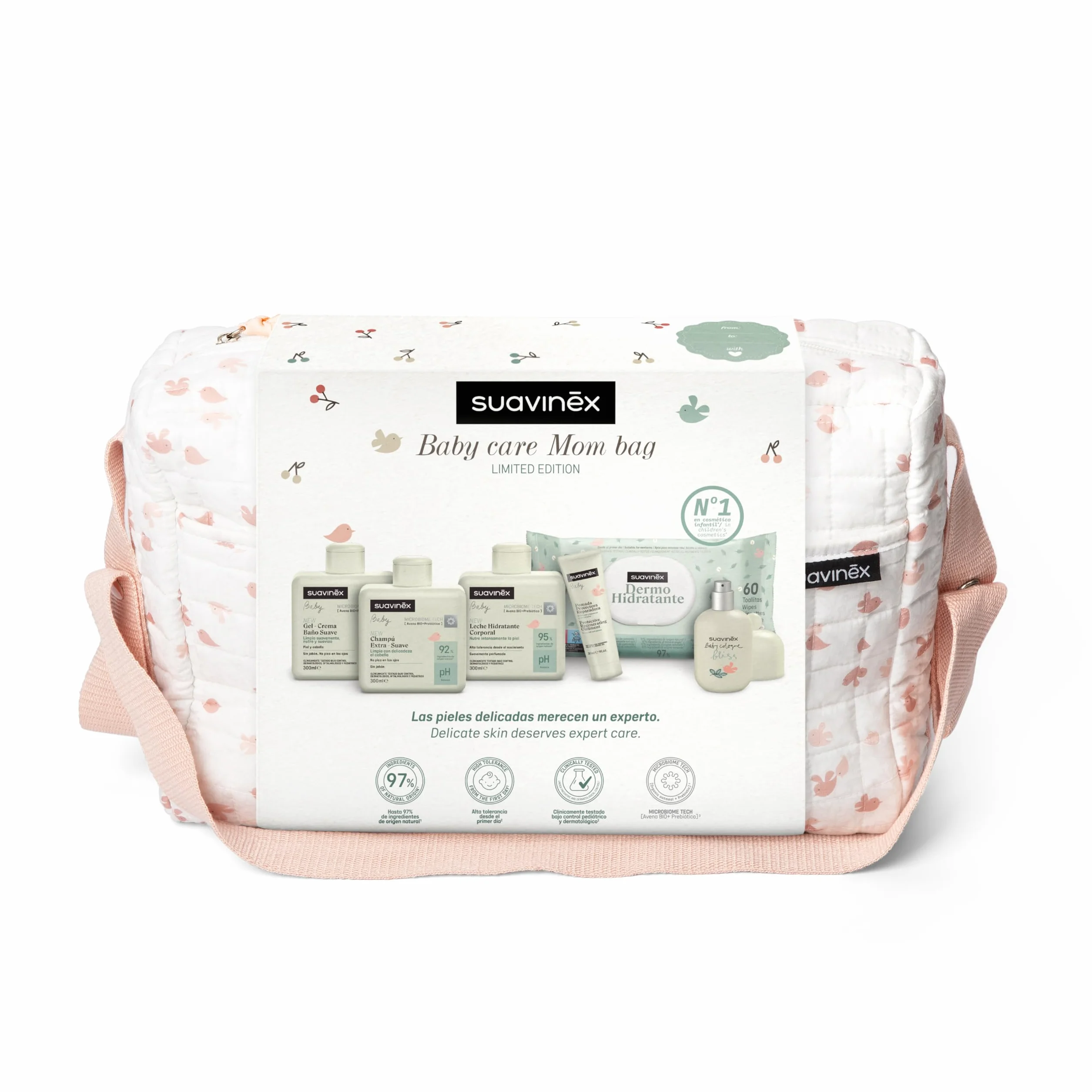 Suavinex, Bolso Carro Bebé con Cosmética: Gel Syndet + Champú Extra Suave + Loción Hidratante + Pomada Pañal 30 ml + Baby Cologne 50 ml + Toallitas. Regalo Recién Nacido, Canastilla, Rosa