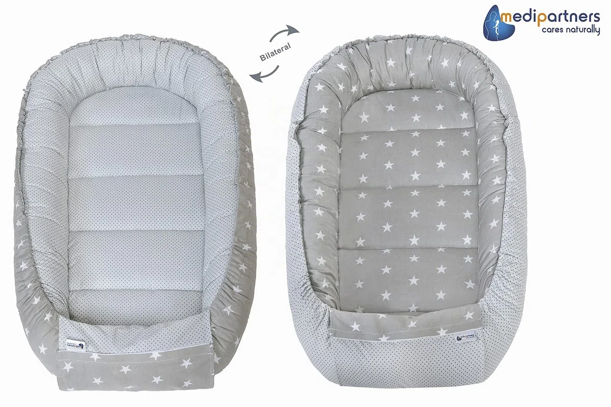 Medi Partners Juego de Cuna de 5 Piezas Incluye Nido para bebé de 100x60x15cm 100% algodón cojín Plano Manta para Gatear cojín de Mariposa (Estrellas con Gris)