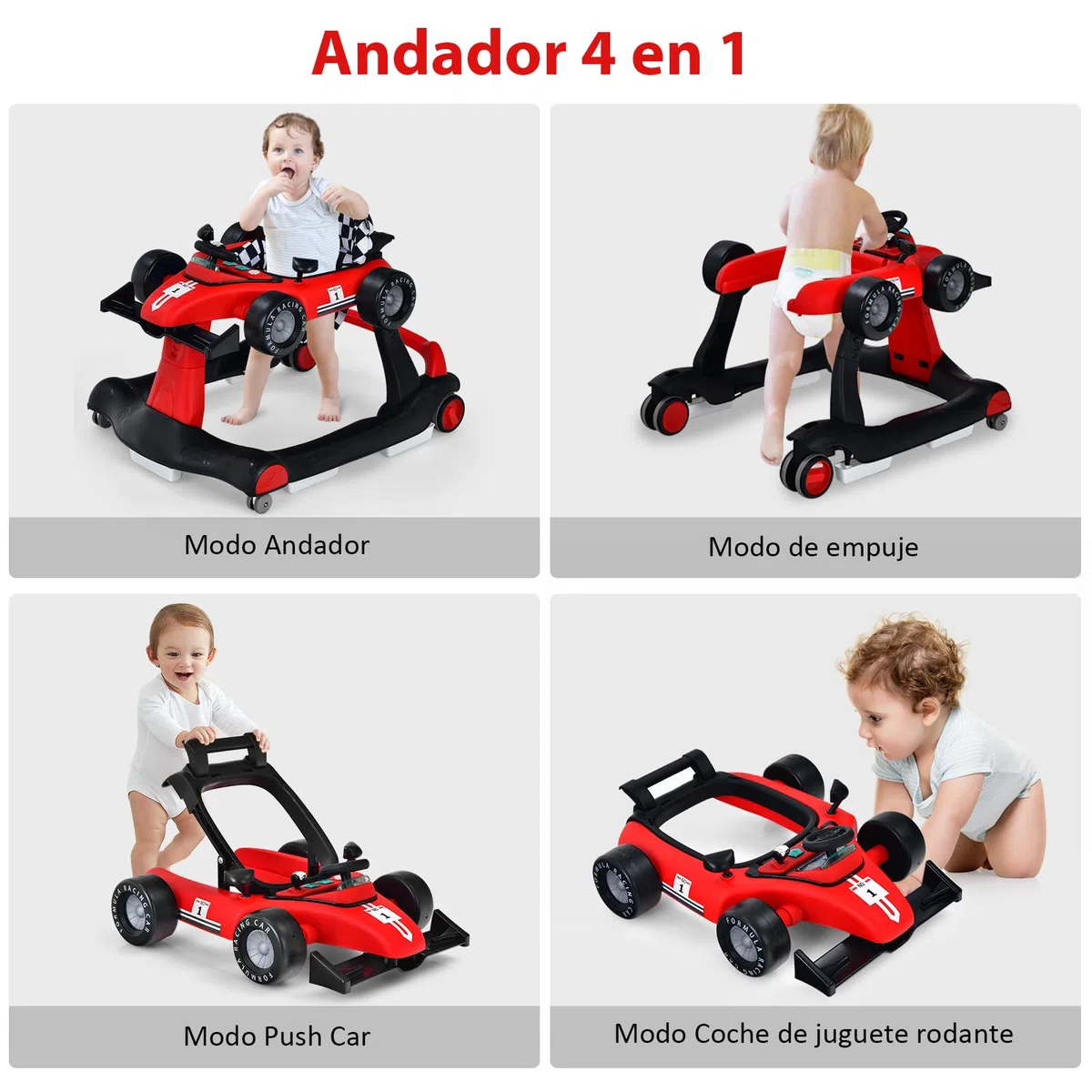 RELAX4LIFE 4 en 1 Andador para Bebés 6-18 Meses, Andador Plegable con Altura Regulable en 3 Niveles, Tacatá Bebés con Luces, Sonidos y Velocidad Controlable, 64 x 73 x 50,5-55,5 cm (Rojo)