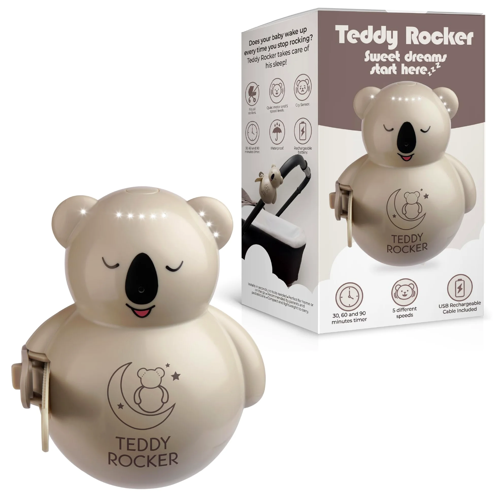 Baby Rocker, Mecedora Automática para Cochecito o Cuna, Bebés hasta 3 años, Portátil, Sensor de Llanto, 5 Velocidades, Temporizador, Batería Recargable USB