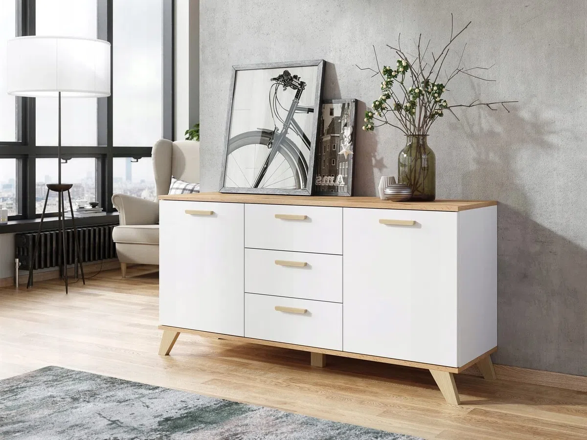 VBChome Cómoda con 3 cajones y 2 puertas, 120 x 40 x 75 cm, roble blanco, tiradores de cajón, de madera, para pasillo, dormitorio, salón, habitación infantil