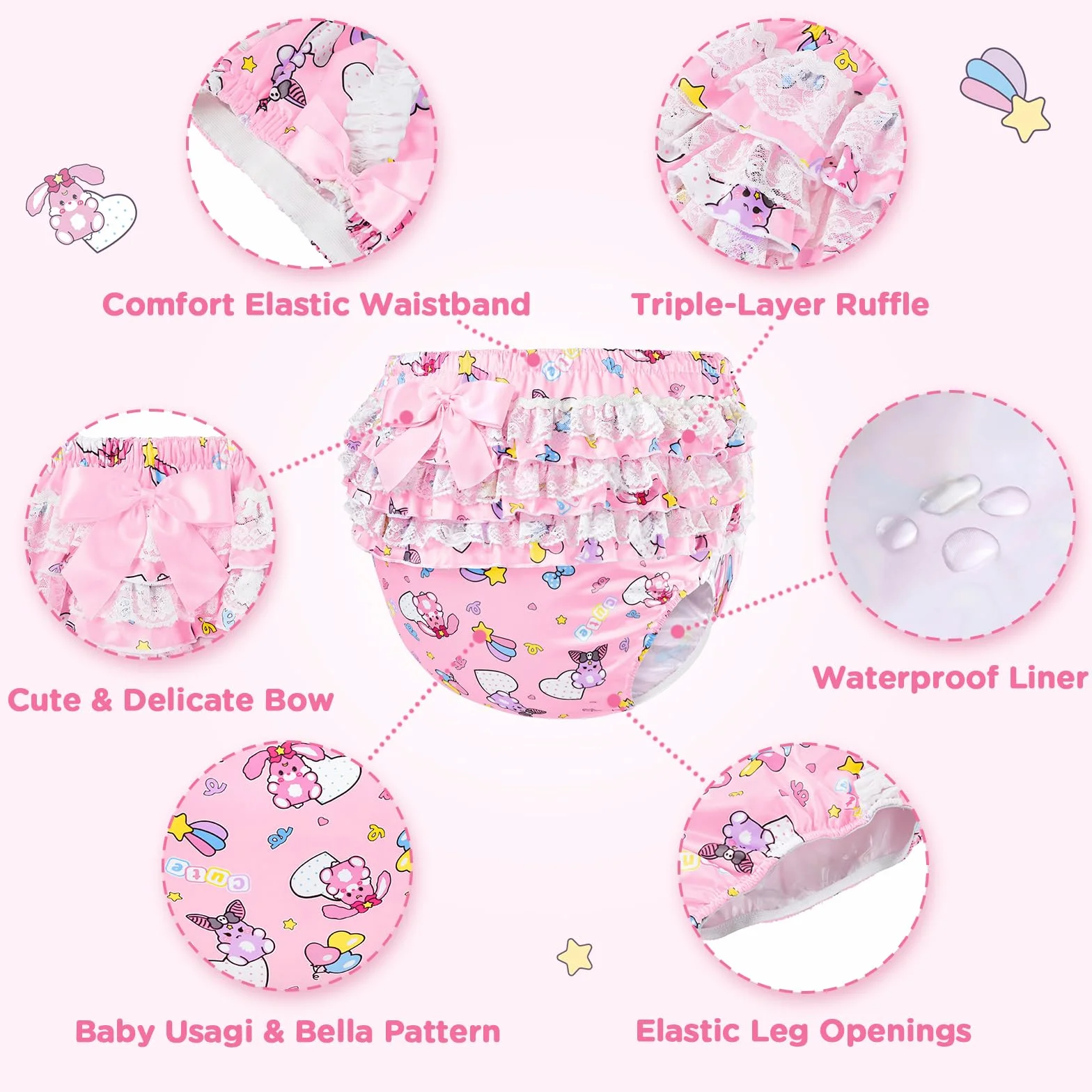 LittleForBig Sedoso lavable reutilizable impermeable con lazo de encaje fruncido bonito en bebé Usagi & Bella patrón sobre pañales adultos cubierta rosa S