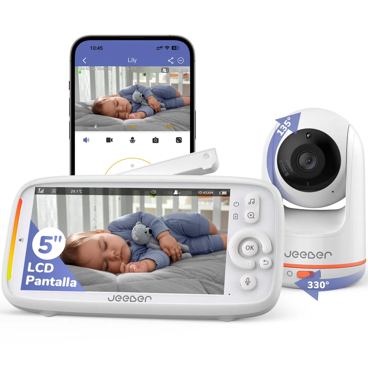 2K/3MP Camara Vigilancia Bebe con App Movil, 5" IPS Pantalla, Rotación de 360 ​​Grados, Visión Nocturna, Detección Inteligente de llanto, Área de Seguridad Personalizada, VOX