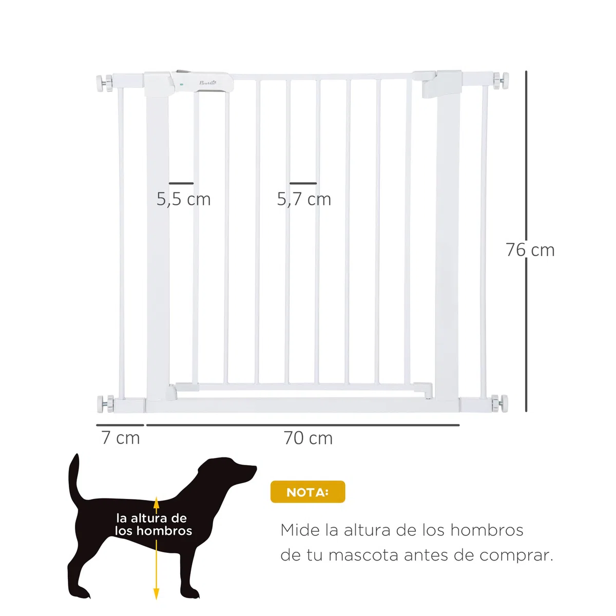 PawHut Barrera de Seguridad de Perros Extensible para Escaleras y Puertas 76-97 cm Valla para Perros con 2 Extensiones de 7 cm Cierre Automático y Marco Metálico Altura 76 cm Blanco