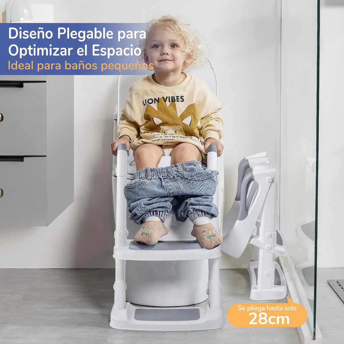 DEANIC Adaptador WC Niños Con Escalera, Reductor WC Niños De 2 a 8 Años, Orinal Portatil Niños Plegable con Reposabrazosy/PU Almohadillas Bebe (Gris)