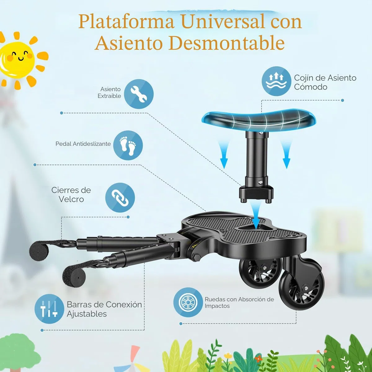 Patin Carro Bebe Universal con Asiento,Buggy Board portátil para niños,Diseño estable de dos ruedas,con correa de suspensión, Accesorio para cochecito para niños de 2 a 6 años (25 kg)