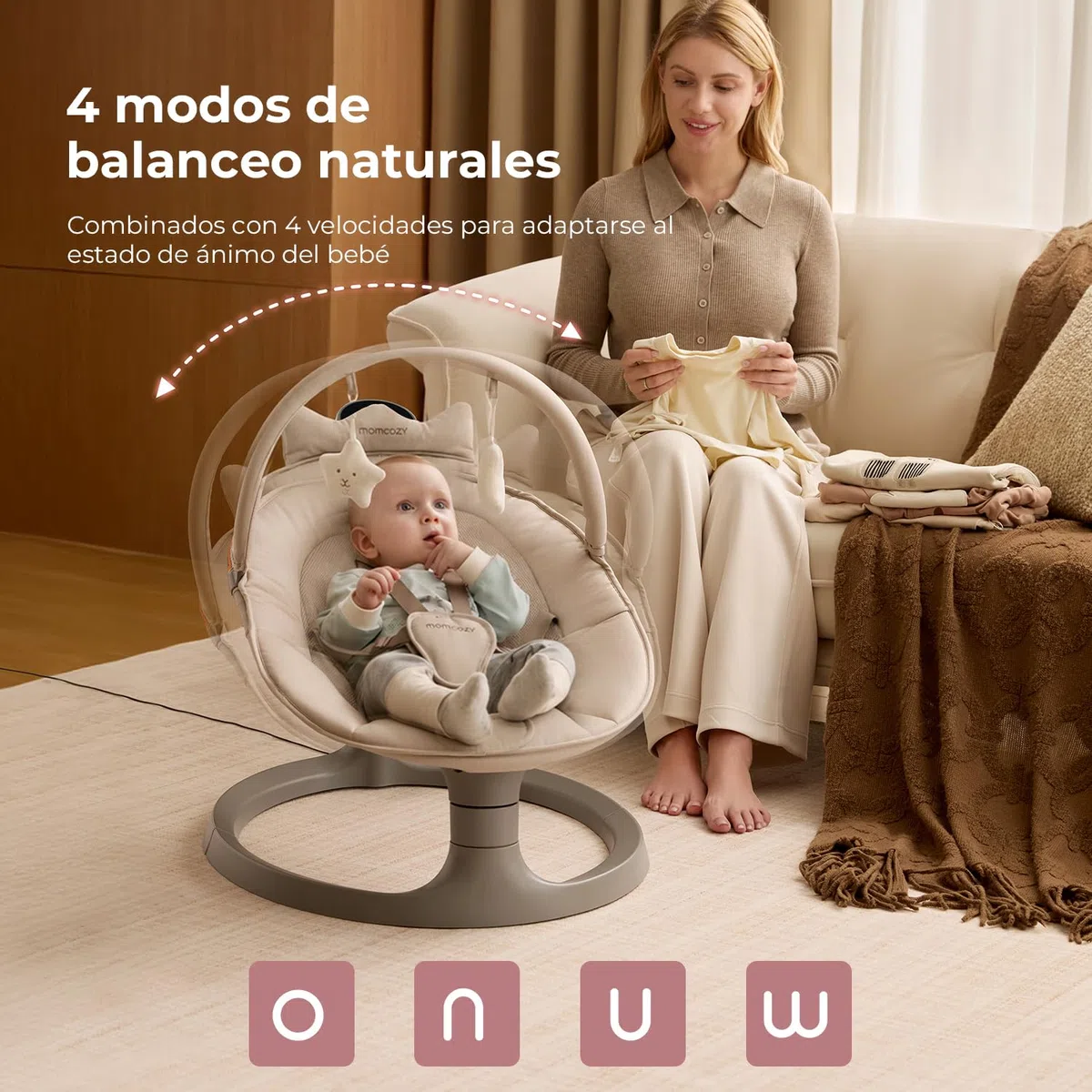 Momcozy 2 en 1 Hamaca Bebe Electrica, con Soporte de Doble Brazo, 4 Modos y 4 Velocidades de Balanceo, Mecedora Bebe Electrica Convertible en Asiento Fijo de hasta 30kg, 2 Posiciones de Reclinación