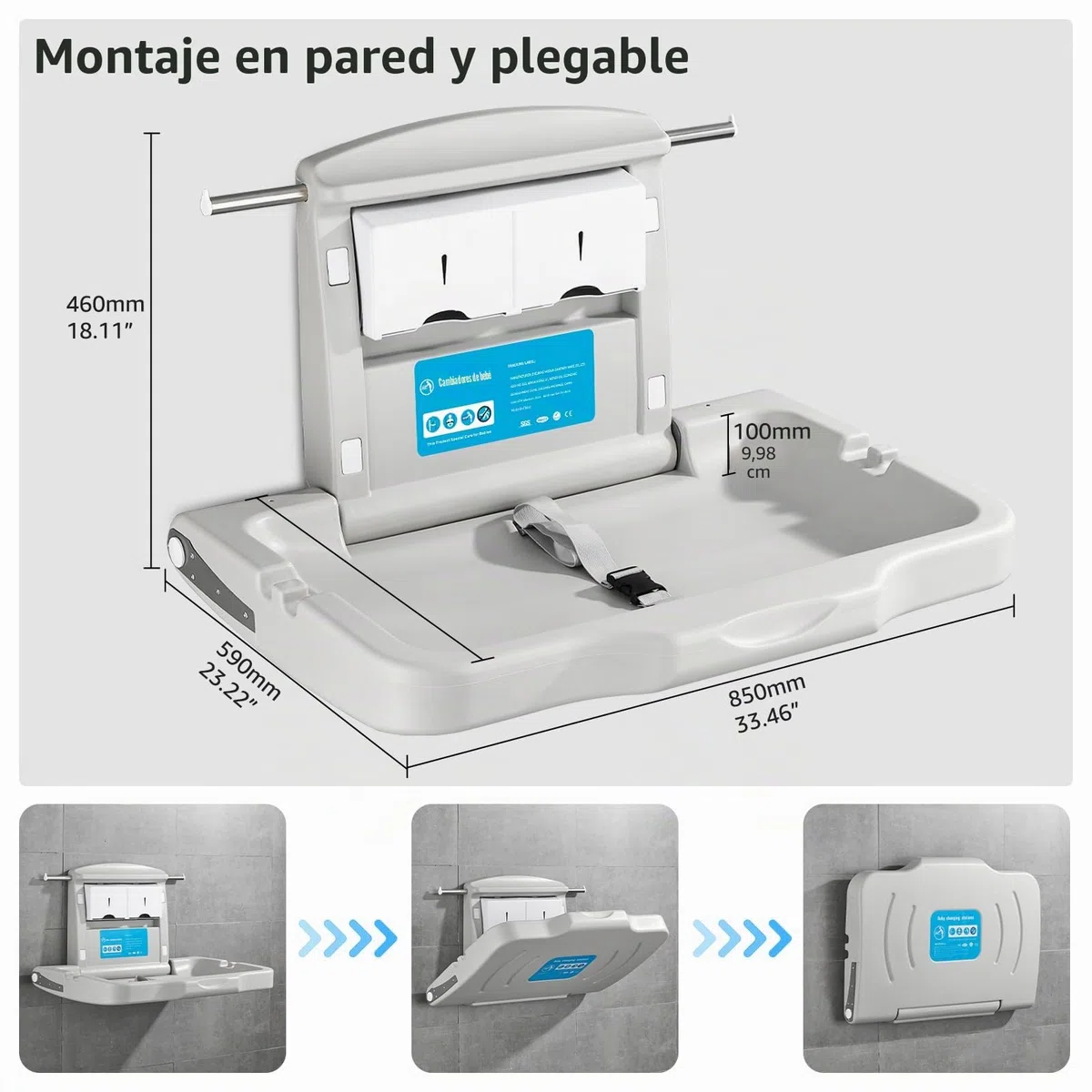Cambiador con escudo de Bebé Cambiador de Pared Cambiador de Bebé Plegable Cambiador de Pañales Baños Comerciales Horizontal HDPE Meterial con Correa de Seguridad Blanco Gris