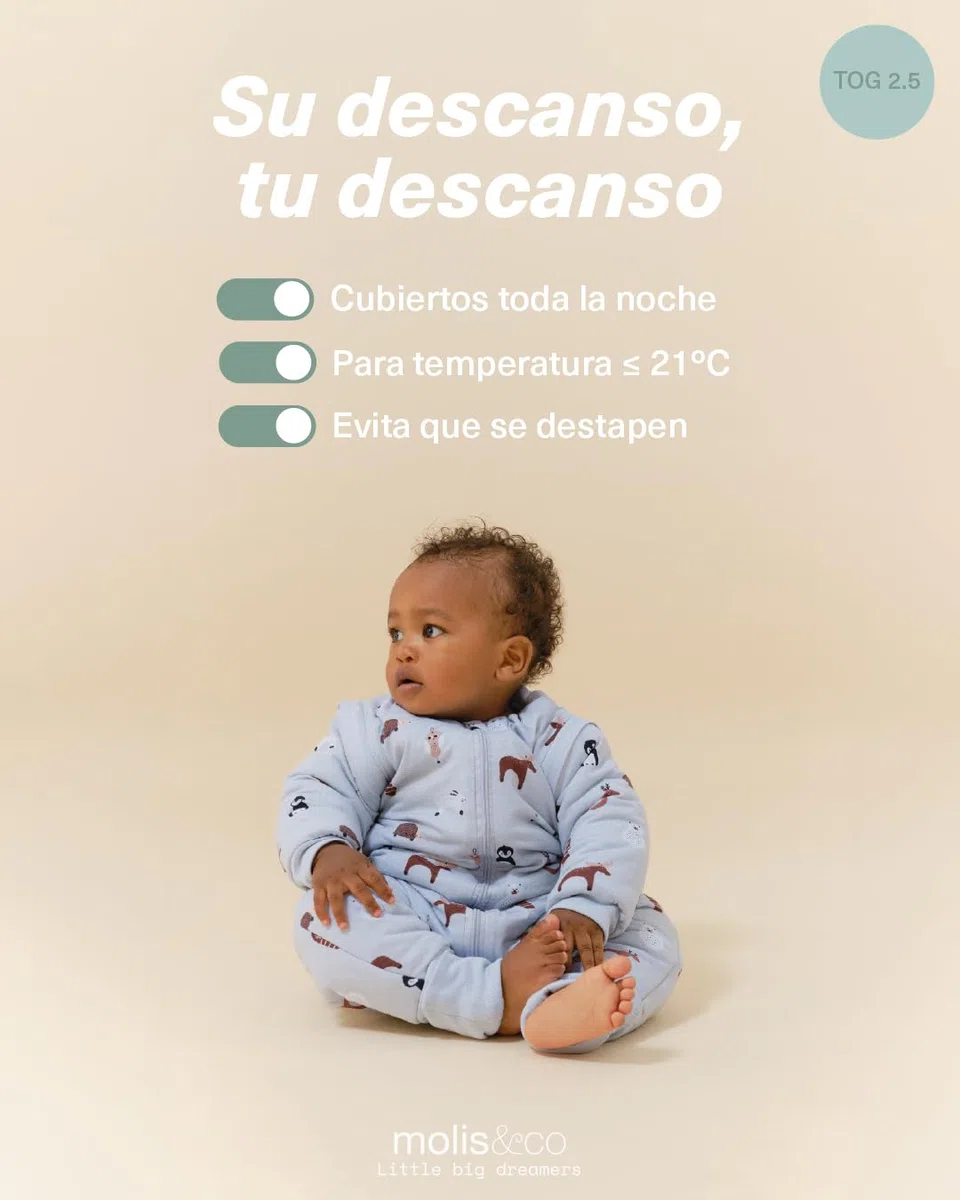 molis&co. Pijama Manta con Mangas Desmontables, Calcetines Antideslizantes, TOG 2.5 Estampado Winter Animals, Algodón 100%, Oeko-Tex 100 Certificado, 3 años