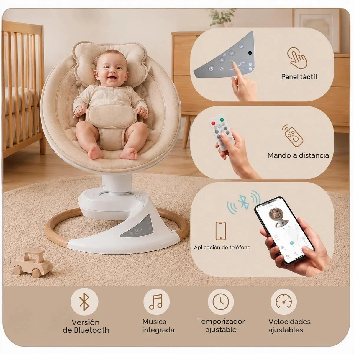 BEBE2LUXE Emy : Silla Mecedora Eléctrica para Niños Emy, Hamaca para Bebé, Columpio Bebe