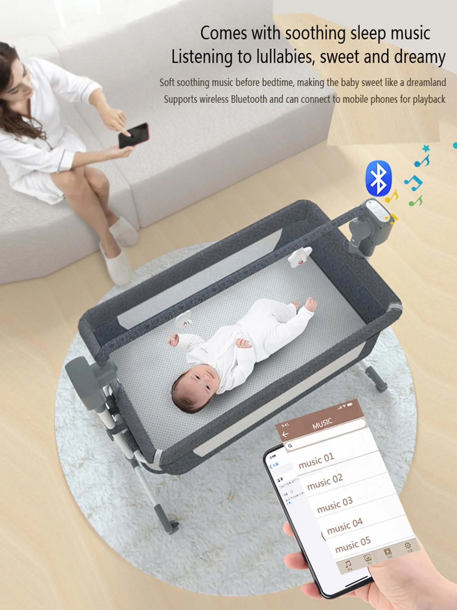 Magic ZC Eléctrico Bluetooth Inteligente Cuna Colecho Bebe, Cuna Next to me Convertible, 5 Engranajes de Balanceo y Control Remoto, Plegable Colecho Bebe con Colchon, Música (601 Beige)