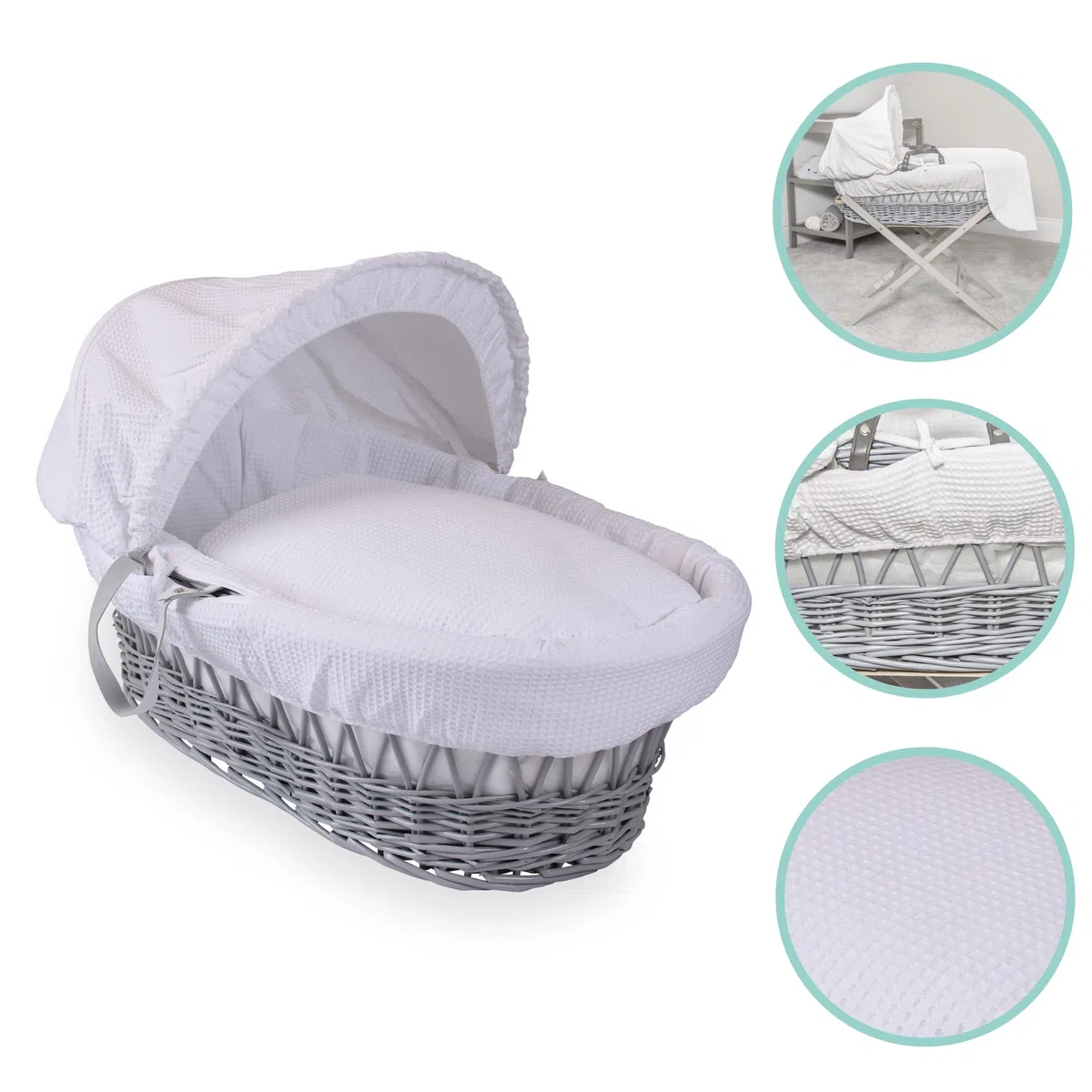 Clair de Lune Moisés de Mimbre Gris gofre y Soporte Mecedora de Lujo Gris Que Incluye 1 Capucha Ajustable y extraíble, 2 Asas de Transporte, Colcha y 1 colchón de Fibra hipoalergénica Firme (Blanco)
