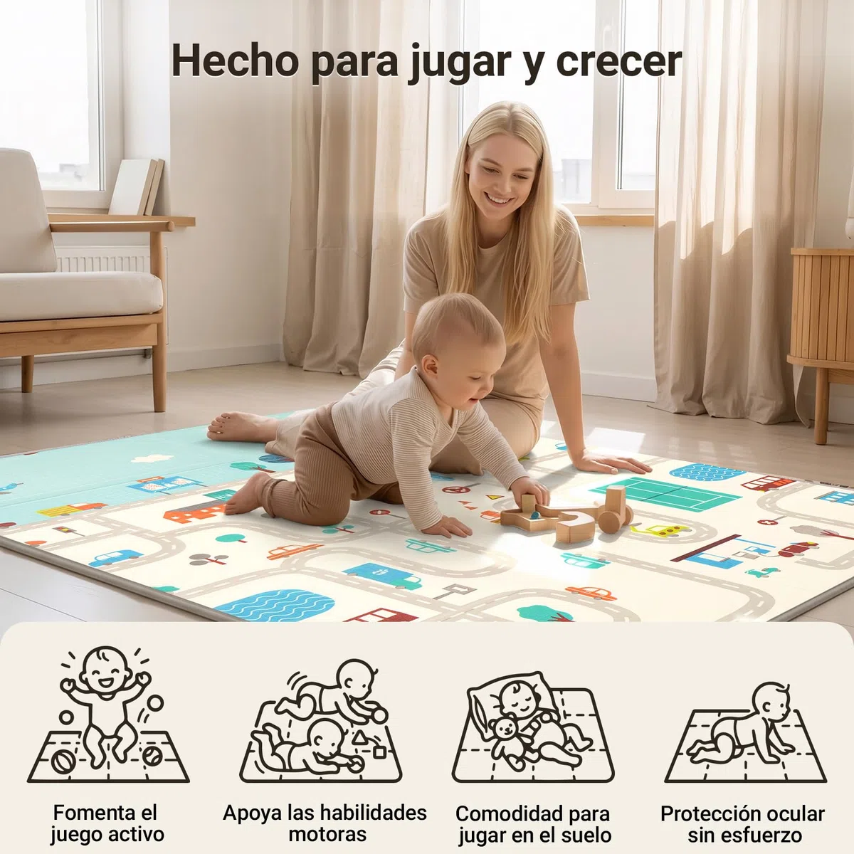 COSYLAND Alfombra Bebé Acolchada Plegable XPE Reversible, Tapete de Juegos Infantil Antideslizante e Impermeable para Suelo, Colchoneta Bebé, Oso Gordito y Ciudad de Coches, 120 x 180 x 1 cm