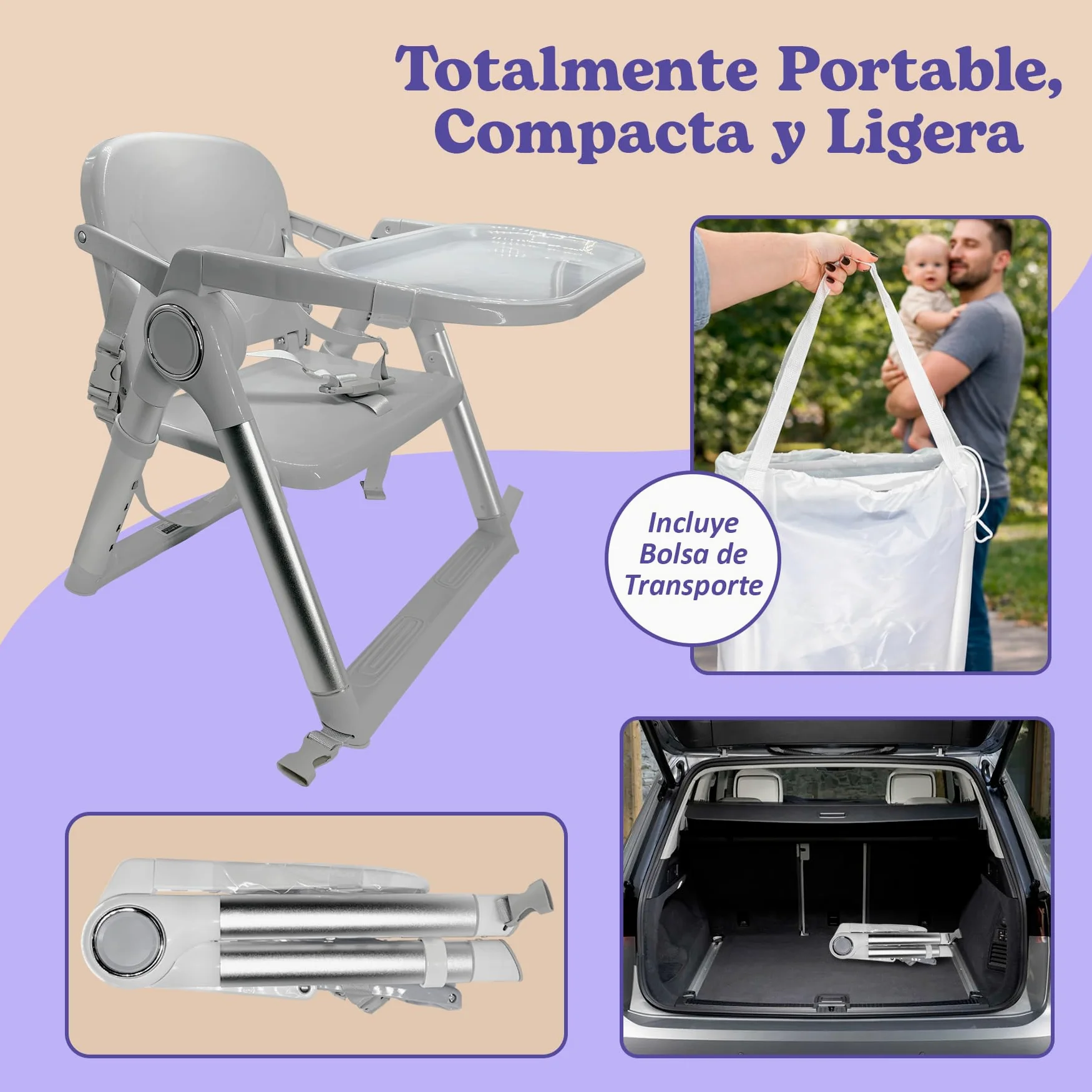 Trona Portátil Plegable Premium para Bebé 2 en 1, Elevador de Silla con Correas de Fijación, 4 Alturas, Bandeja Extraíble, Bolsa de Transporte, 6-36 Meses, hasta 15 kg (GRIS + PLATA)