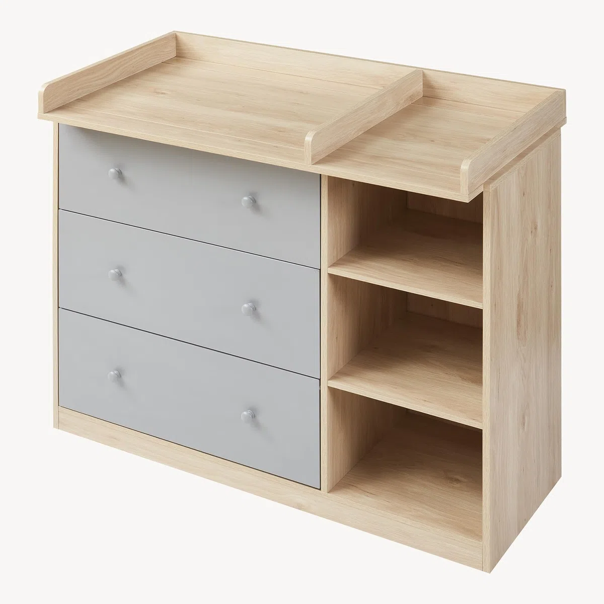 [en.casa] Mueble Cambiador Bebé Beldinupp 2 en 1 Cómoda con Cambiador Bebé con 3 Cajones y 3 Compartimentos Abiertos Moderno 93 x 110 x 55 cm - Efecto roble/Gris