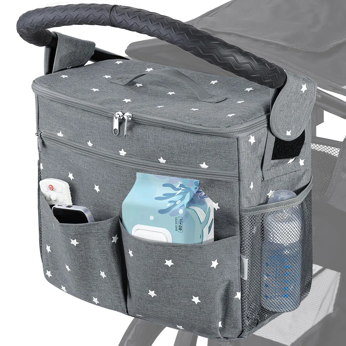 Orzbow Grande Bolso Carro Bebe,Impermeable Bolso Carrito Bebe con Portavasos,Multifuncional Organizador Carro Bebe con Divisor Extraíble,Forro Aislante y 22L Capacidad,2 Ganchos y 1 Bandolera (Gris)