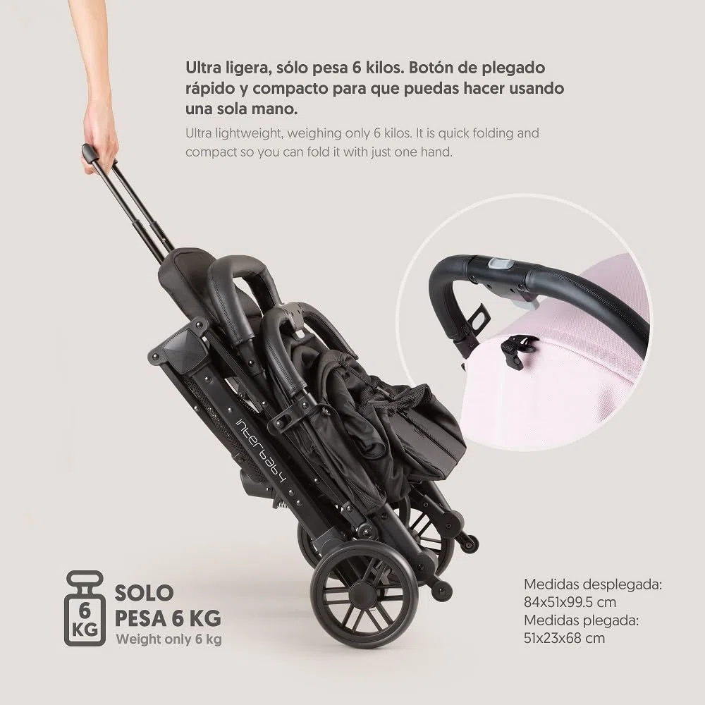 Interbaby Silla de Paseo Ligera y Compacta, Carrito Bebé Plegado Automático, hasta 22 kg, desde Nacimiento, Reclinable, Capota XXL, Suspensión, Cochecito Bebé Viaje Cabina (MIN SPACE PLUS Rosa)