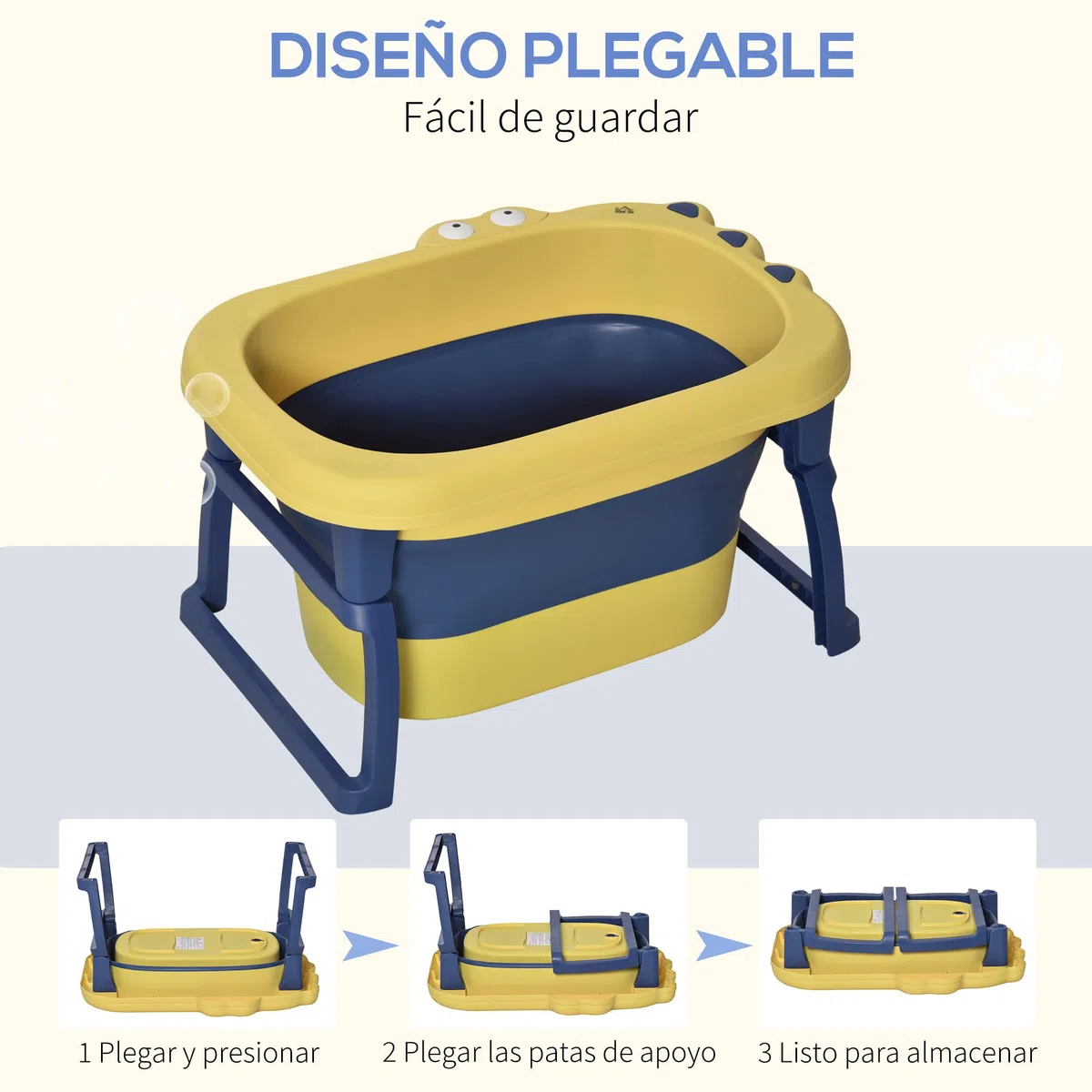 HOMCOM Bañera Plegable para Bebé de Recién Nacidos hasta 6 Años Bañera Portátil para Niños con Patas Antideslizantes 105L Amarillo y Azul