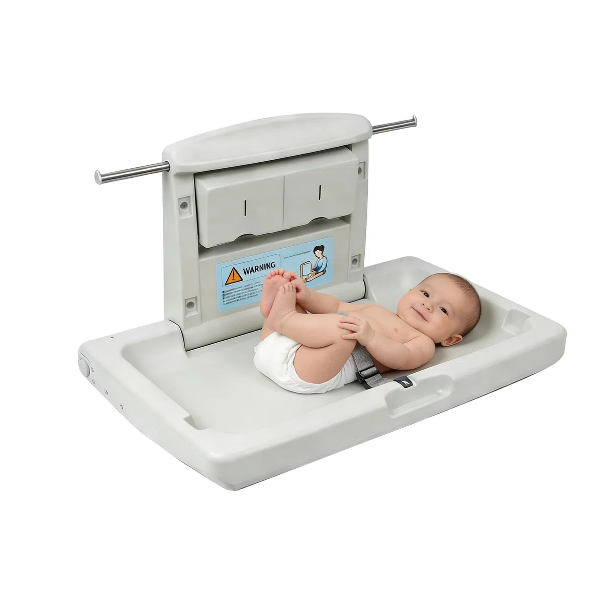 Cambiador bebe plegable de pared, cambiador de bebe para baños públicos con cinturón de seguridad ajustable, ganchos laterales y cajas de almacenamiento plegables