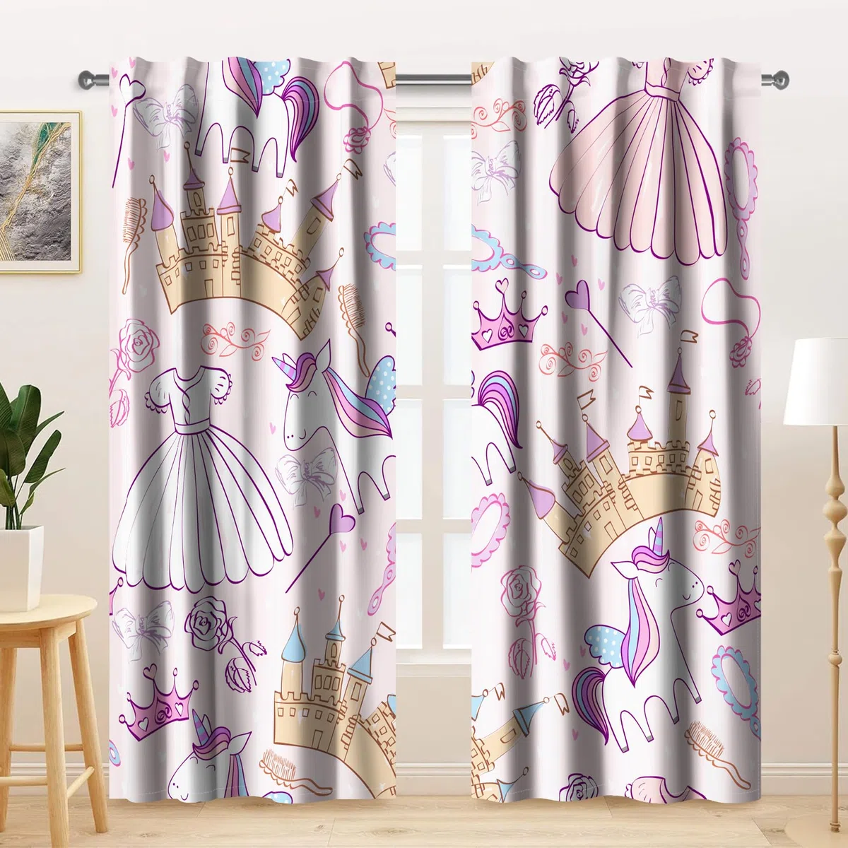 Cortinas para niños de 117x138cm 2 Paneles, diseño de Castillo Rosa Coronas Flores Lazos Dibujos Animados para Dormitorio de niñas, guardería, decoración de Ventanas