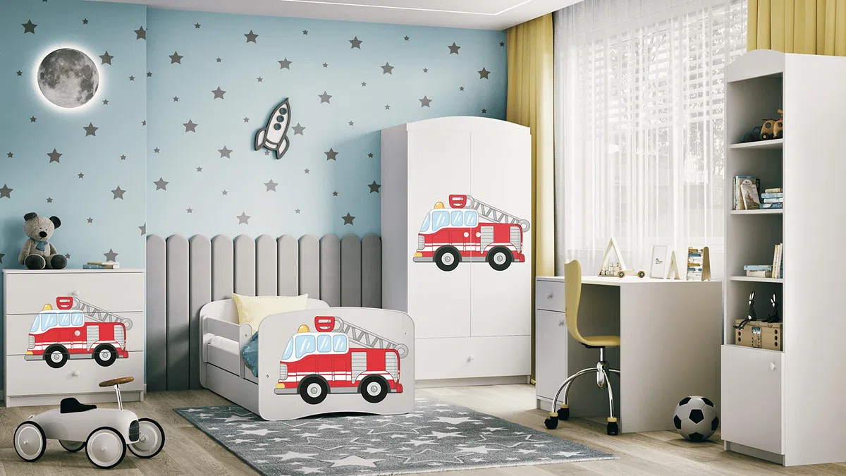 Cama Infantil 80x180 Cama para Niños Blanca con Barrera de protección contra caídas. cajones extraíbles y Base de Listones para niñas y niños - 80 x 180 cm Bomberos