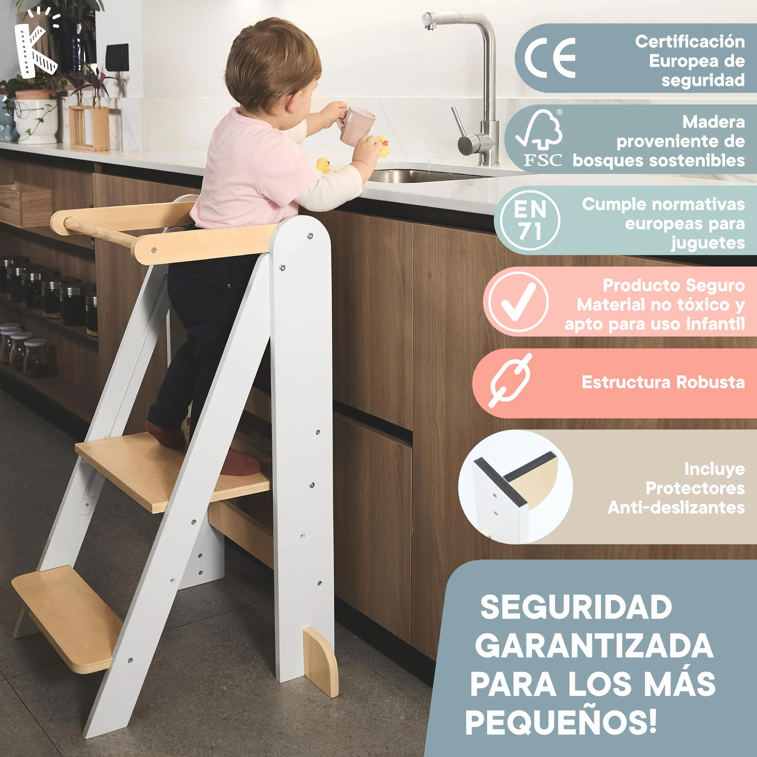 Torre de Aprendizaje Plegable Premium, Ajustable 2 Alturas, Diseño Nórdico con Pizarra Desmontable, Patas Anticaída