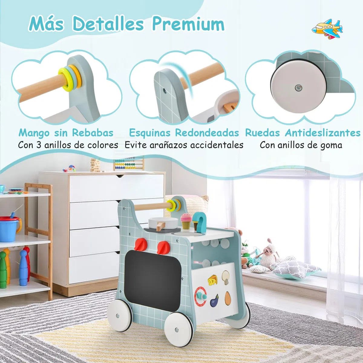 GOPLUS Centro de Actividades de Cocina de Madera 6 en 1, Andador con Cocina para Bebés, Cocina de Juguete, Juego de Empareja, Carriola Ergonómica con Ruedas para Bebés de 12+ Meses (Azul)