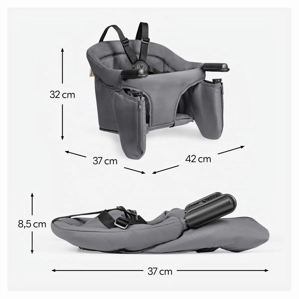hauck Fix N Sit Silla de Mesa Bebé | Trona de Viaje Plegable con Arnés de 5 Puntos desde 6 Meses hasta 15 kg - Fijación Segura - Bolsa de Transporte - Ligera y Compacta - Ideal para Viajar - Gris