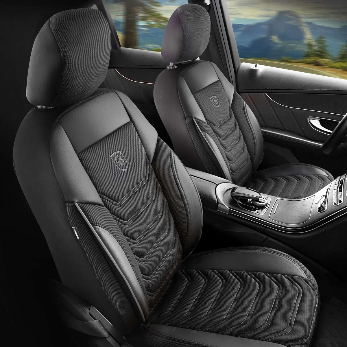 Fundas universales para asientos de coche para turismos y SUV - Fundas premium para asientos delanteros de coche en tejido piqué, negro-gris, funda de asiento compatible con bolsa de