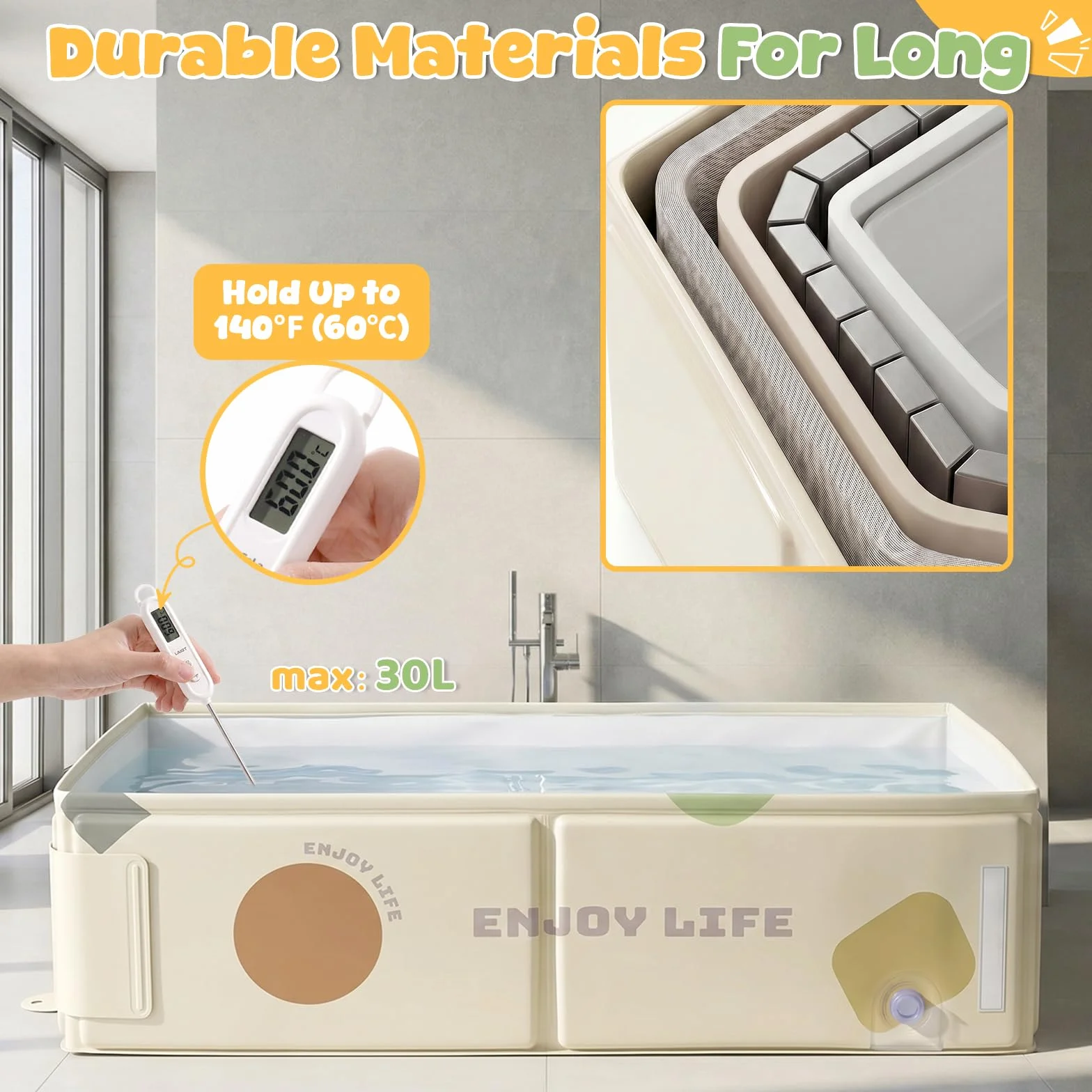 Orzbow Bañera Bebe Plegable, Portátil Bañera Bebe Plegable con Pegatina de Temperatura, Banheira Bebe de 6 Meses a 6 Años, Fácil de Limpiar, Estable y Duradera, Pliega Almacenar, Blanco