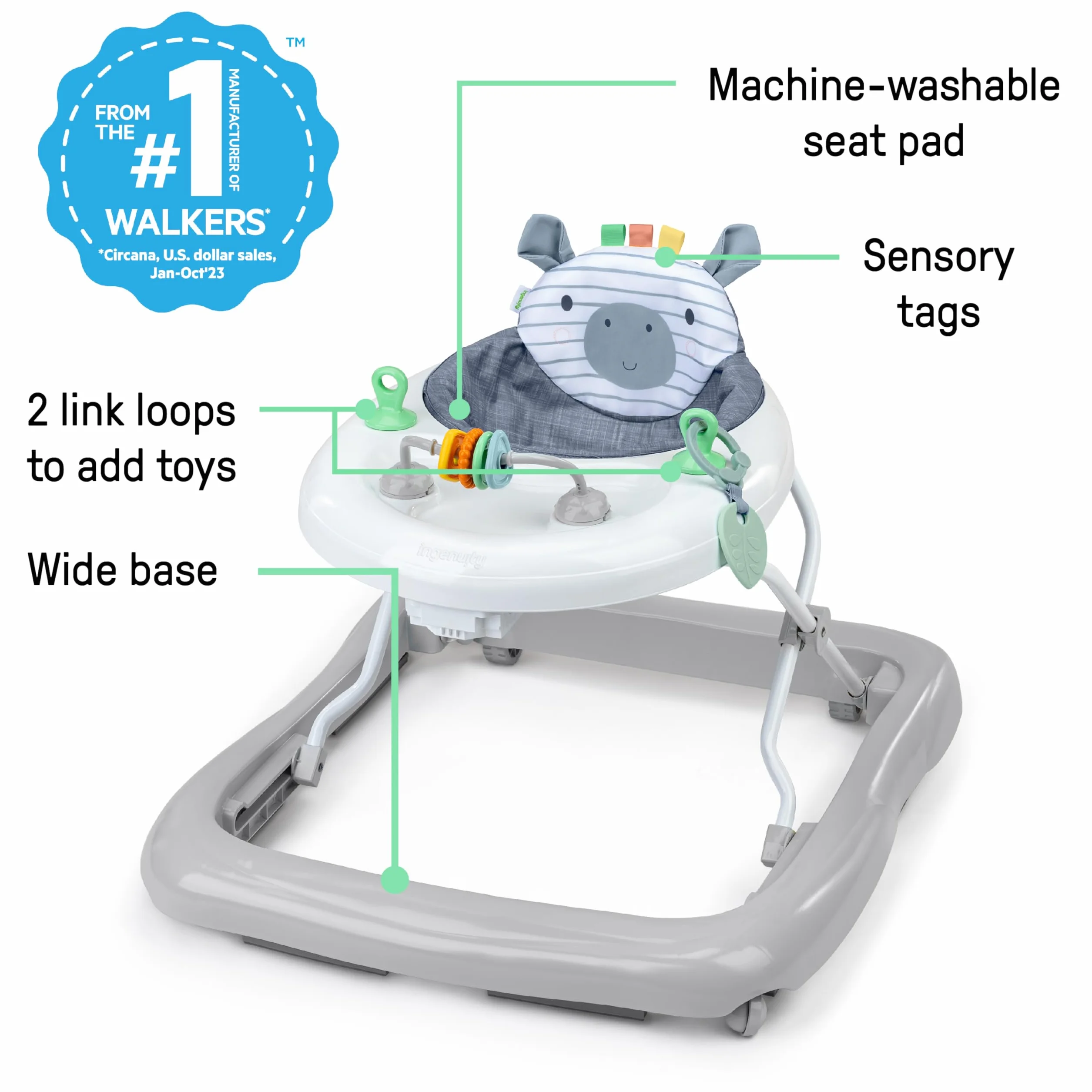 Ingenuity, Andador Interactivo Smooth Strides, Chambray, Promueve el Desarrollo con Barra de Altura Ajustable en 3 Posiciones, Juguetes Incluidos, Diseño Compacto y Seguro, Para Bebés de 6 a 12 Meses