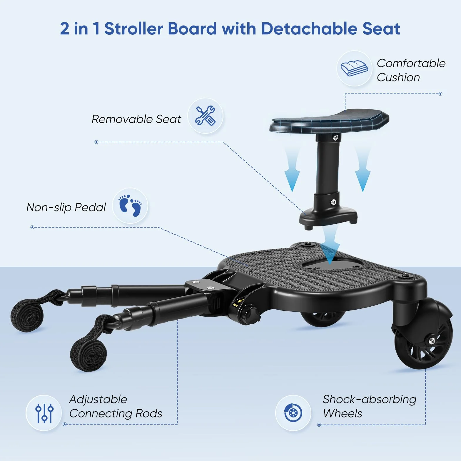 Patin Carro Bebe Universal con Asiento,Buggy Board para niños,Diseño estable de dos ruedas, con correa de suspensión, Accesorio para cochecito para niños de 2 a 6 años (25 kg),negro