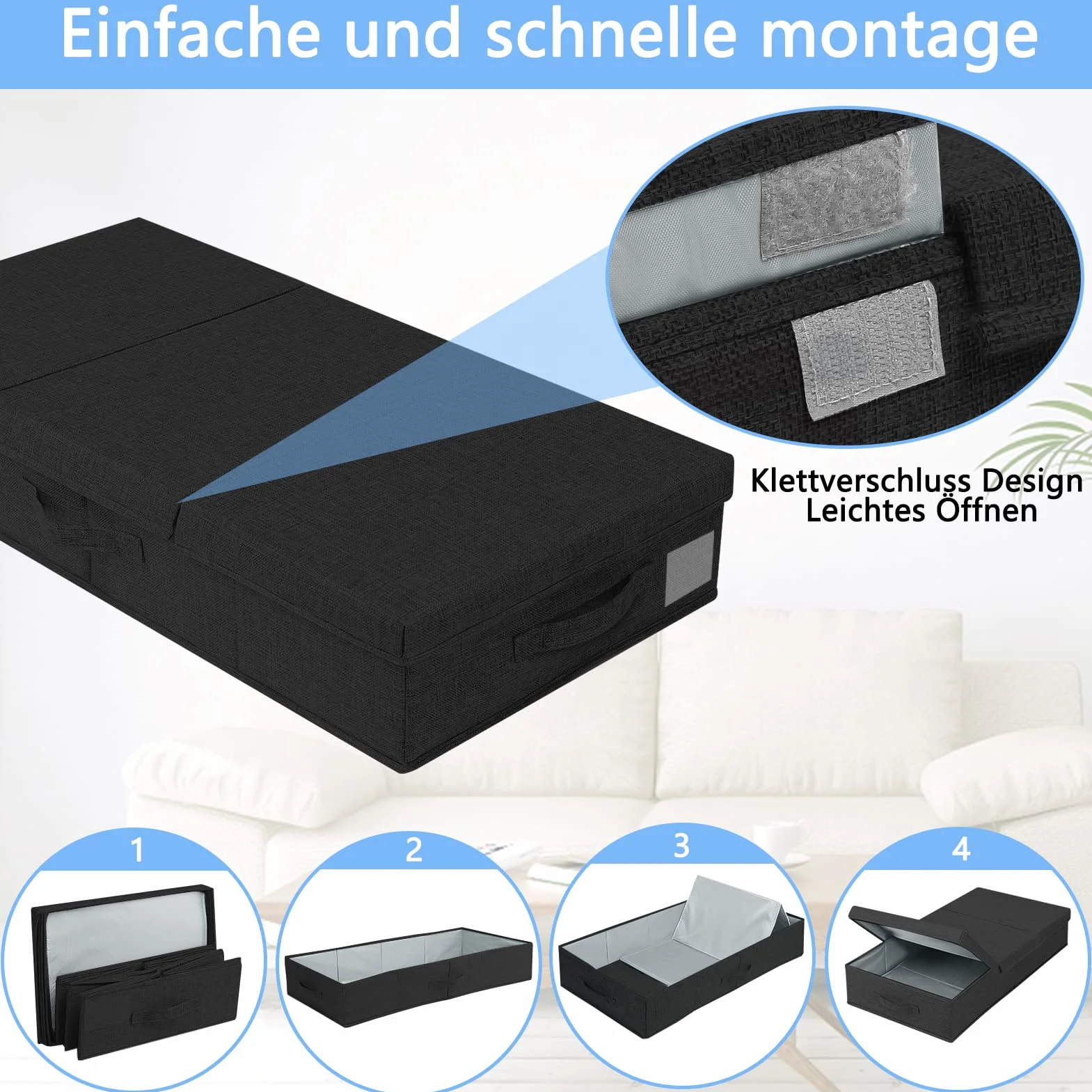 JUPELI 2 cajas de almacenamiento plegables debajo de la cama 15 cm negro con tapa y asa