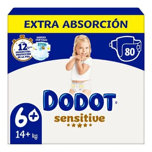 Dodot Sensitive Talla 6+ (+14 kg), Pack de 80 Pañales con Protección Suave para Piel Sensible