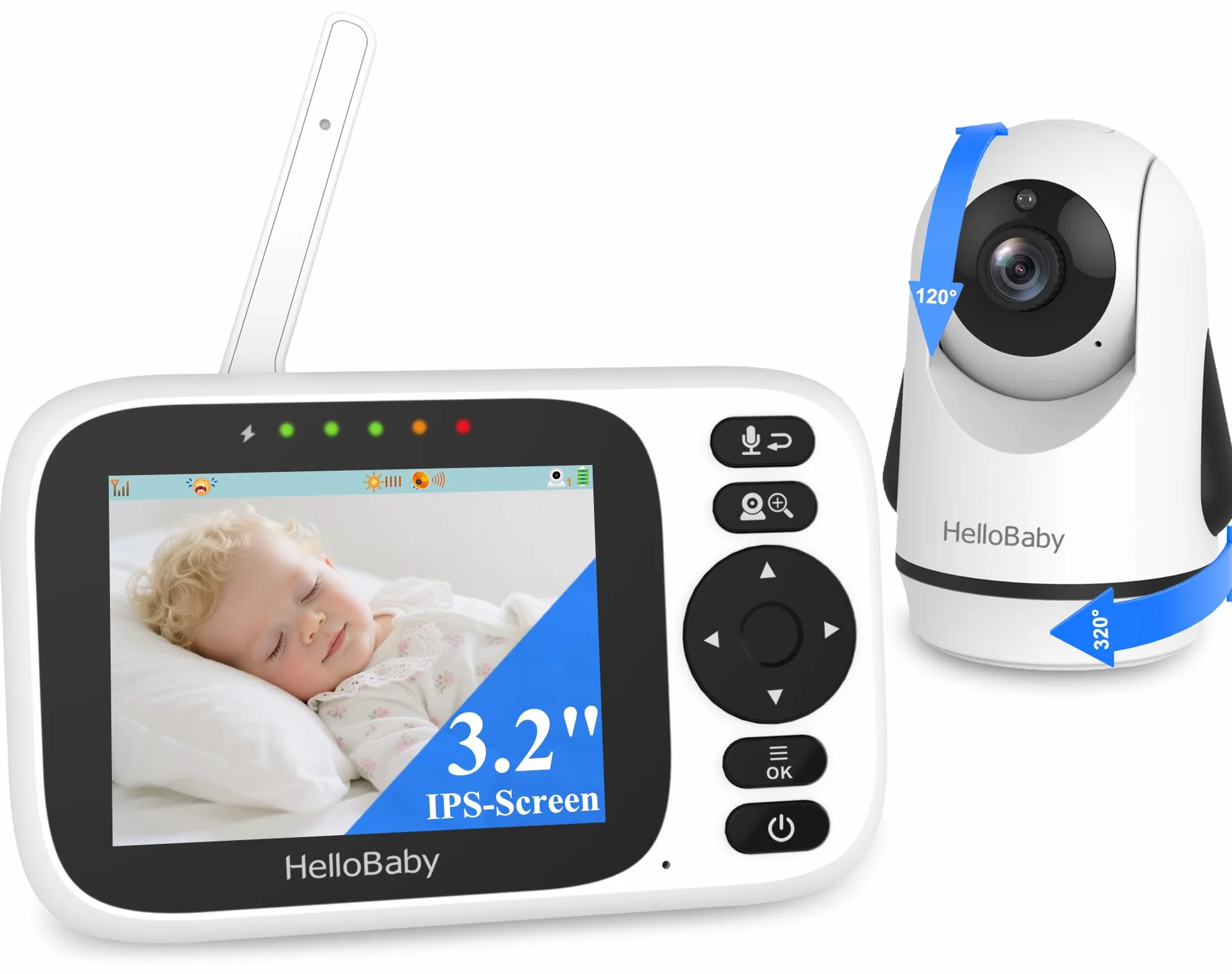 HelloBaby Camara Vigilancia Bebe Vigilabebes con Camara con Pantalla 3.2" IPS, Baby Monitor con cámara y audio, Visión Nocturna,Sin WiFi, Despertador, Conversación Bidireccional Escucha Bebes,Lulabies