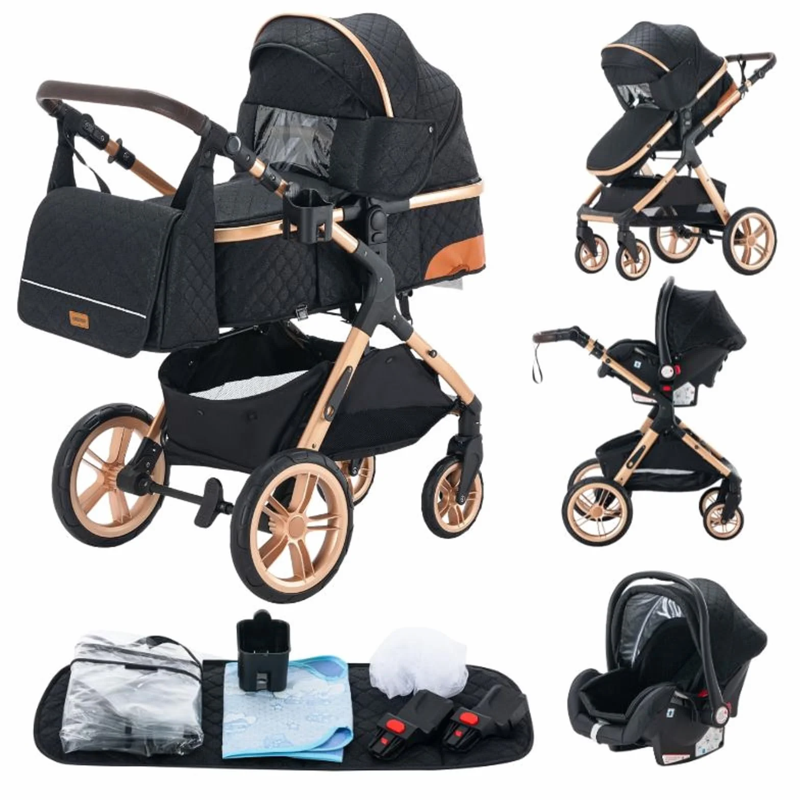 Carrito bebé 3 Piezas, Carro, Carrito bebé 3 en 1, Silla Paseo, Sistema de viaje, Plegable, neumáticos de caucho, Con accesorios, Góndola, Adaptateurs, 25 kg (XX1 Negro)