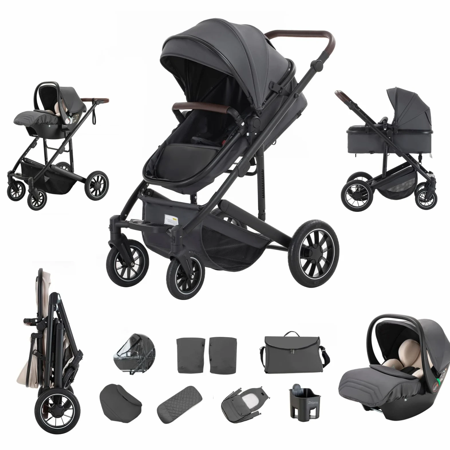 Zkiprm Cochecito 3 en 1, Sistema de viaje con asiento de coche, cochecito y capazo, reposabrazos ajustables, revestimiento de lluvia, mosquitera, guantes chasis de aluminio, Para niños de 0 a 4 años